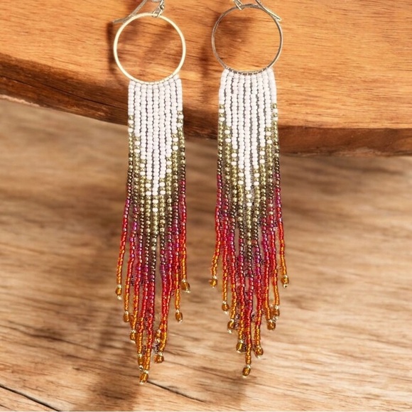 Sunset Ombré Beaded Fringe Earrings: Seed Bead Boho Earrings Chandelier Earrings - Picture 7 of 16